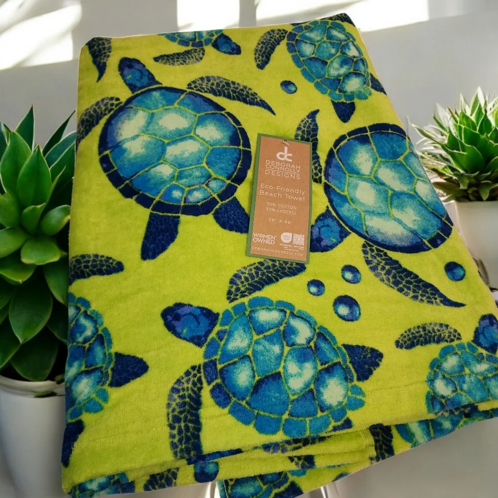 Deborah Connolly Beach Towel Pool Turtle Tropical Watercolor Blue Green - Picture 1 of 5